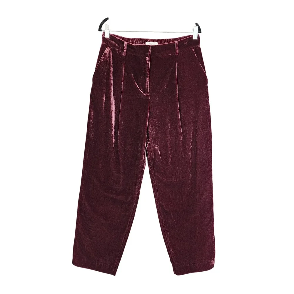 LOFT Womens Burgundy Velvet Pleat Front Straight Leg Pant Size 8 Pleated Trouser